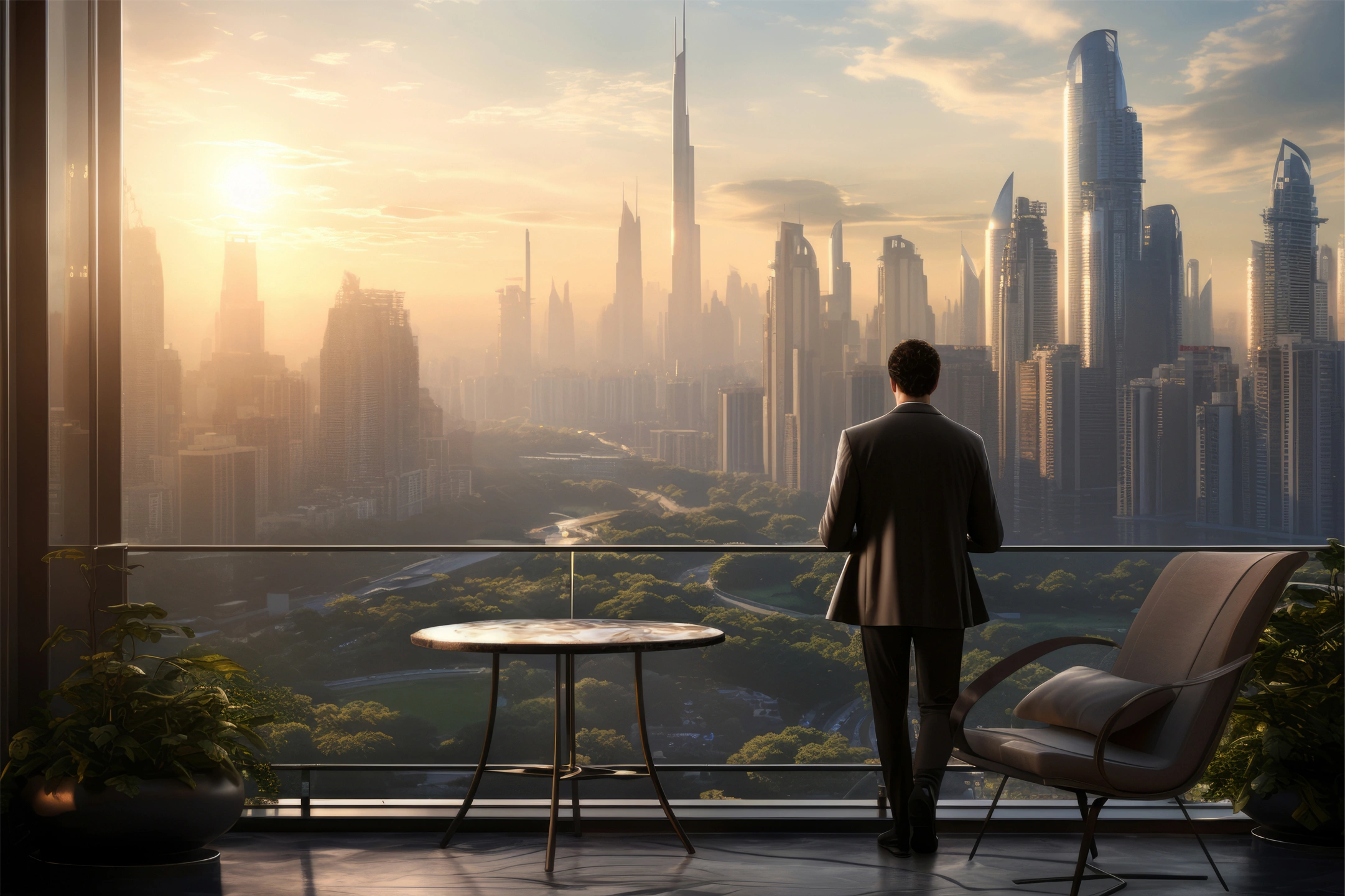 Investor overlooking Dubai skyline from high-rise balcony with Burj Khalifa view – Kemet Prime Properties